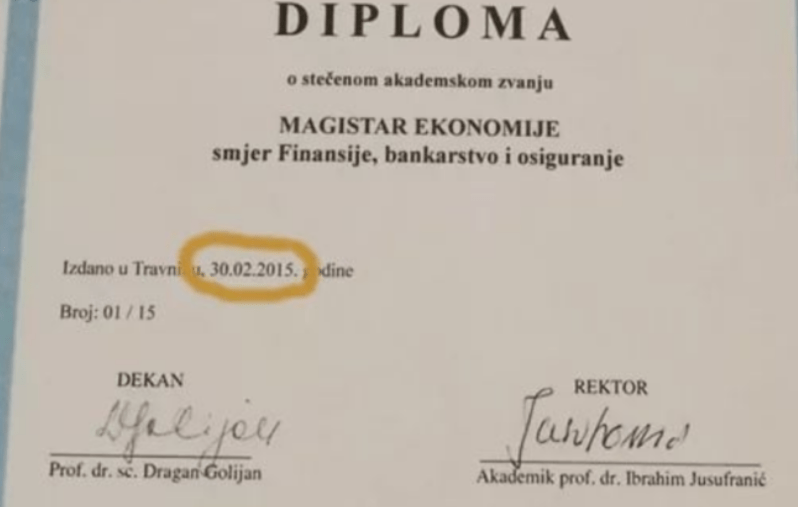 Diploma fakulteta u Travniku izdana 30. februara?
