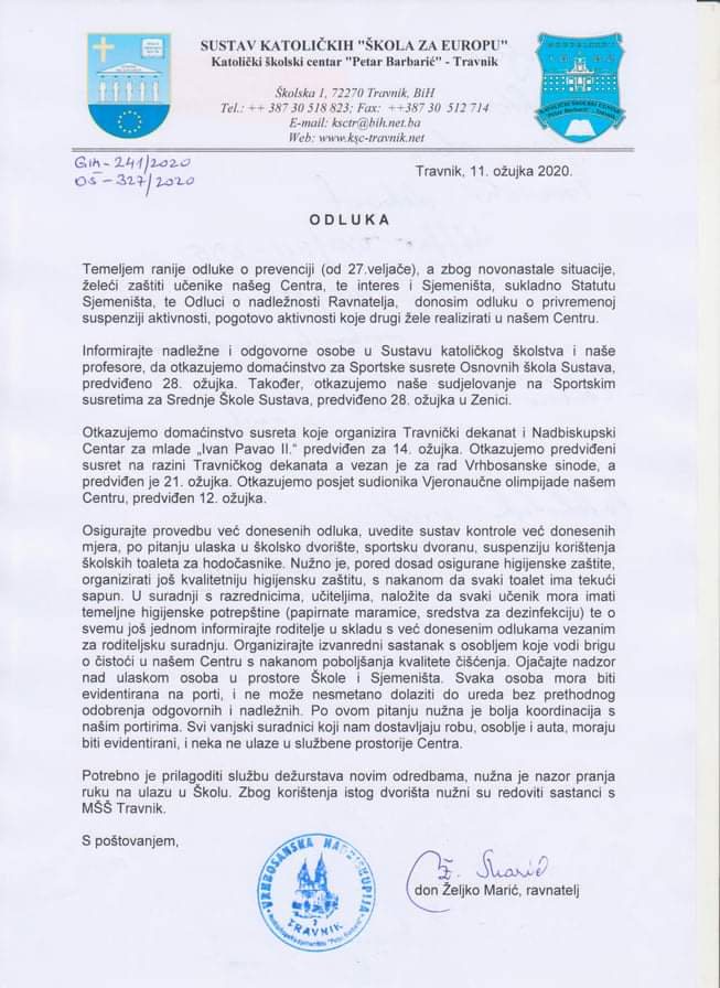 KŠC – Privremeno obustavljene sve aktivnosti u martu