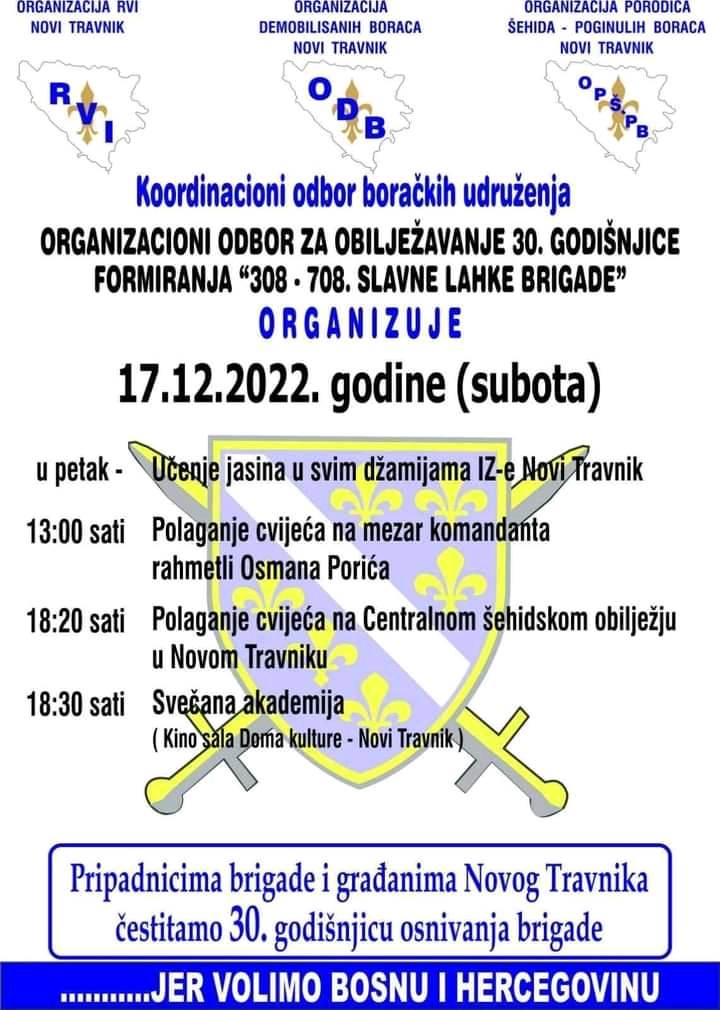 U subotu obilježavanje 30. godišnjice formiranja “308.-708. slavne lahke brigade”