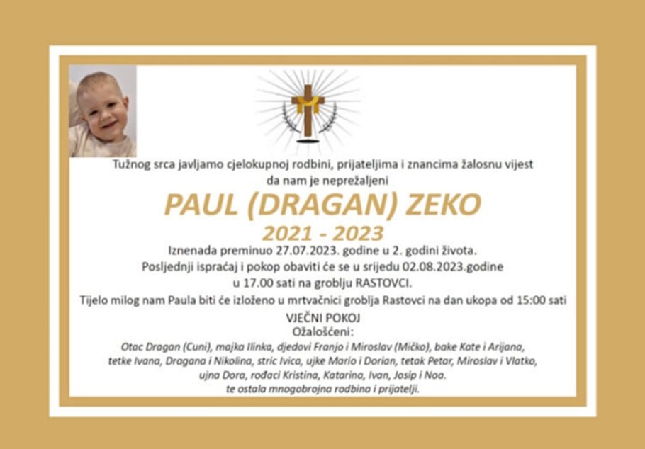 Tuga u Novom Travniku: Preminuo dvogodišnji Paul (Dragan) Zeko