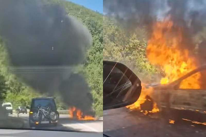 (VIDEO) Na izlazu iz Novog Travnika se u vožnji zapalio automobil